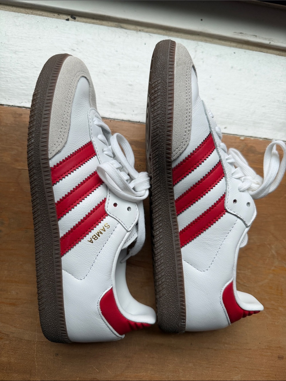 adidas Samba Sneakers - White with Red Stripes and Gum Sole - Picture 4 of 8